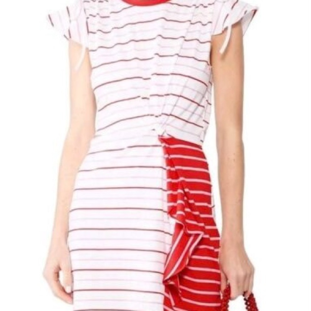 Parker White and Red Mini Dress with Asymmetrical Ruffled Design